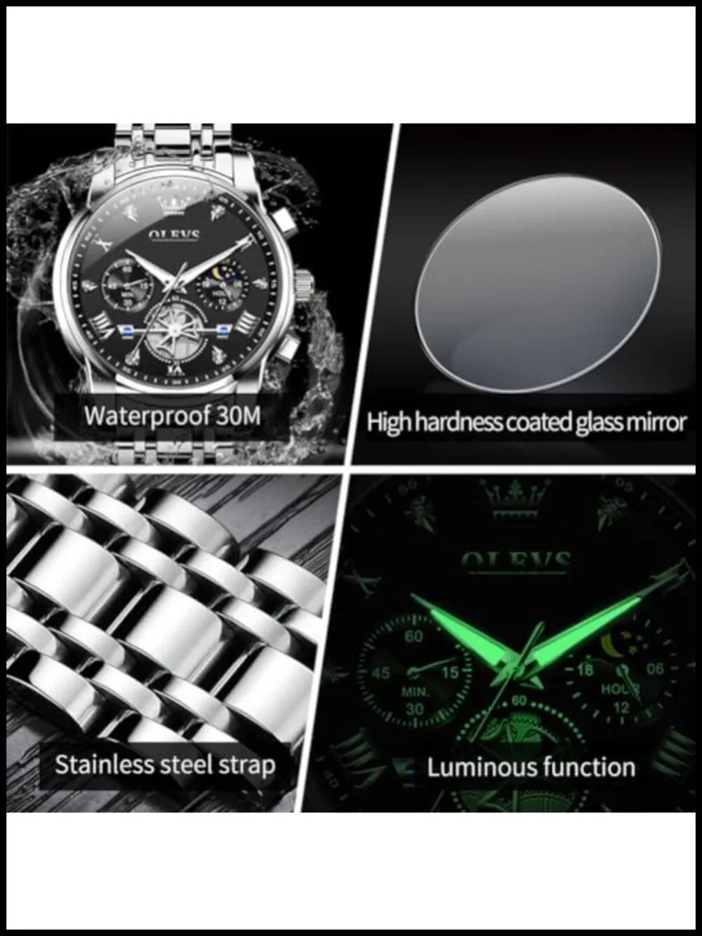 Mens Luxury Waterproof Stainless Steel Multifunction Big Face Watch